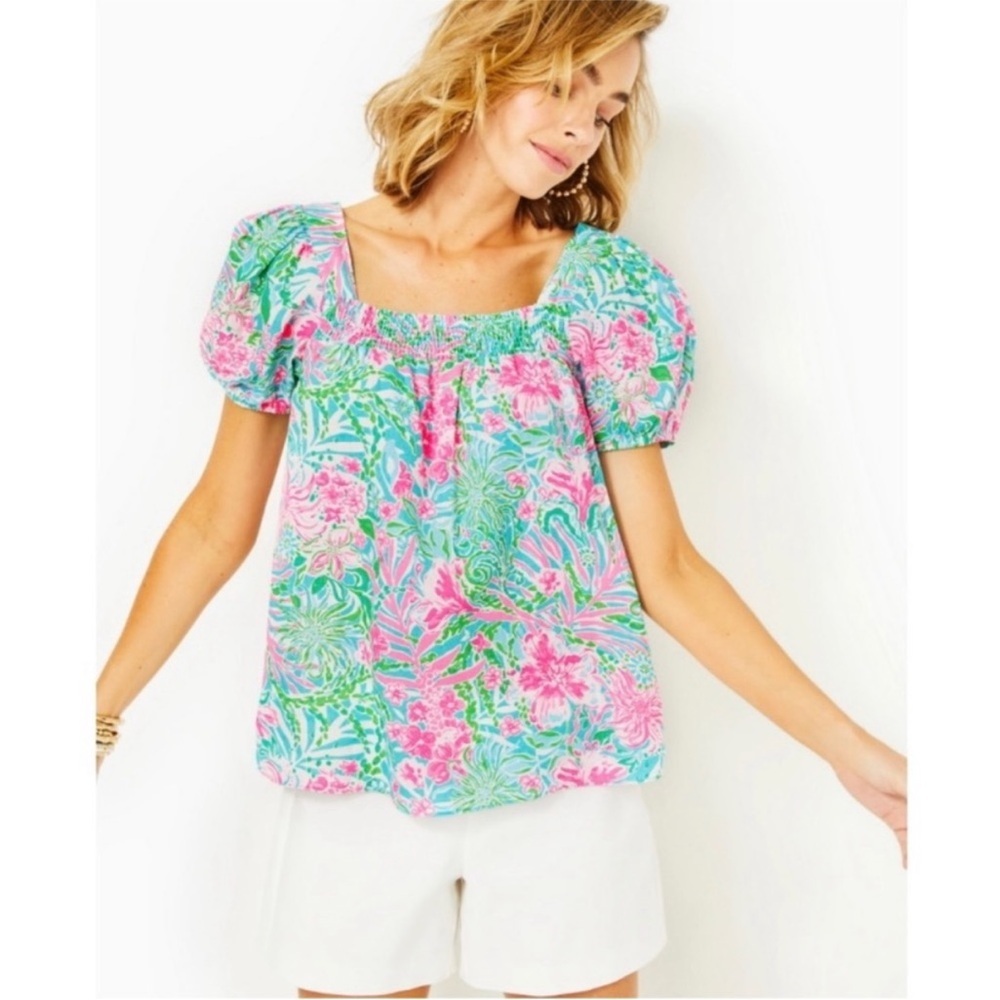 Lily Pulitzer 100% Linen Keating Puff Sleeve Floral Blouse in Amalfi Blue Size 4